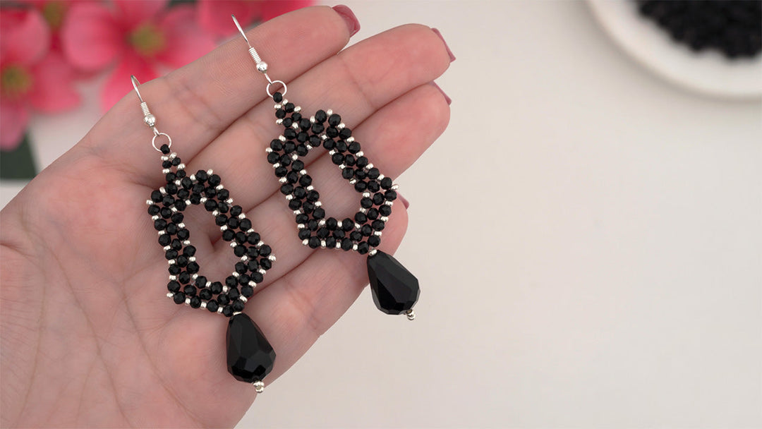 Easy DIY Jewelry Tutorial: How to Make Beautiful Square Shaped Beaded Crystal Earrings with Seed Beads, Crystals and Thread | Easy Beading Craft - Jewellery Making Idea for Beginners.