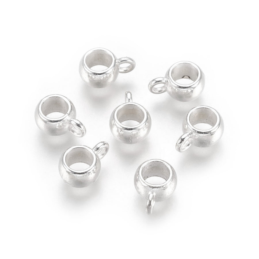 Alloy Tube Bail Beads, Silver color Hanger Links  for Jewelry Making.  Size: 8mm Diameter, 5mm Thick, Hole: 2mm, Quantity: 10pcs/bag.  Material: Alloy (Lead, Cadmium& Nickel Free) Connectors, Bail Beads. Silver Color.