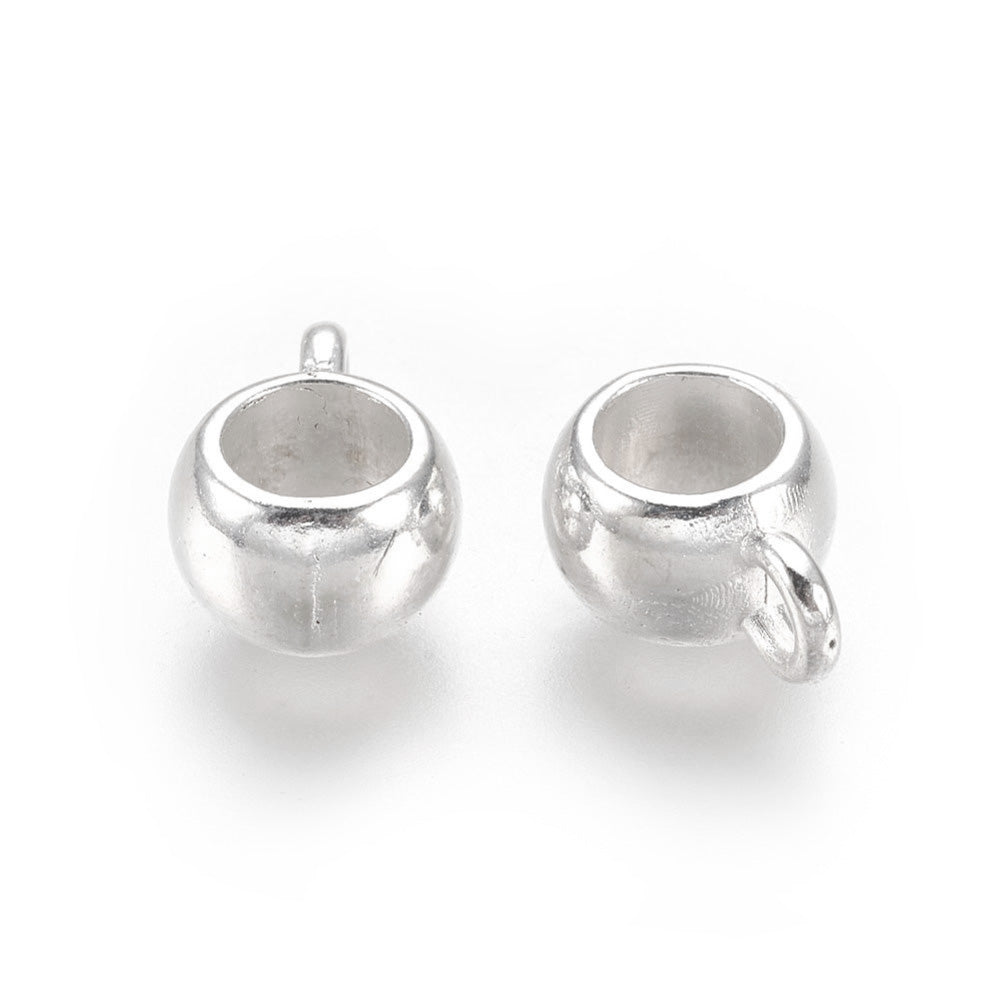 .Alloy Tube Bail Beads, Silver color Hanger Links  for Jewelry Making.  Size: 8mm Diameter, 5mm Thick, Hole: 2mm, Quantity: 10pcs/bag.  Material: Alloy (Lead, Cadmium& Nickel Free) Connectors, Bail Beads. Silver Color.