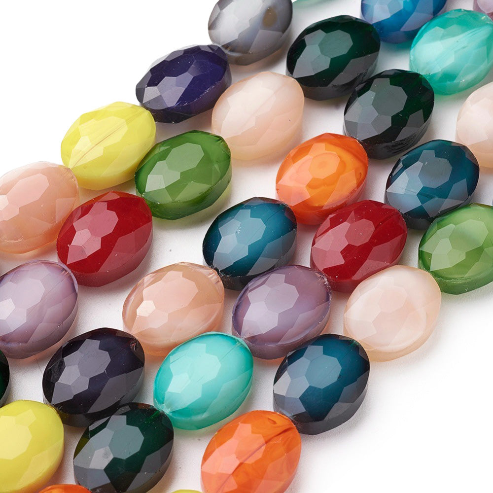 Mixed Color Faceted Glass Beads, Oval Shape, Crystal Multi-color. Faceted Focal Bead.  Size: 16mm Length, 12mm Width, 7mm Thick, , Hole: 1mm, approx. 20-24pcs/strand.  Material: Glass; Austrian Crystal Imitation.  Shape: Oval, Faceted  Color: Mixed Color, Random Assortment.  Usage: Focal Beads for DIY Jewelry Making.