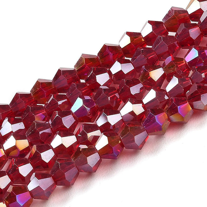 AB Color Plated Glass Beads, Faceted, Red Color, Bicone, Crystal Beads for Jewelry Making.
Size: 4mm Length, 4mm Width, Hole: 1mm; approx. 92pcs/strand, 13.75" inches long.
Material: Electroplated, AB Color Plated Austrian Crystal Imitation Glass Crystal Beads, Bicone, Red Colored Beads. Polished, Shinny Finish. 