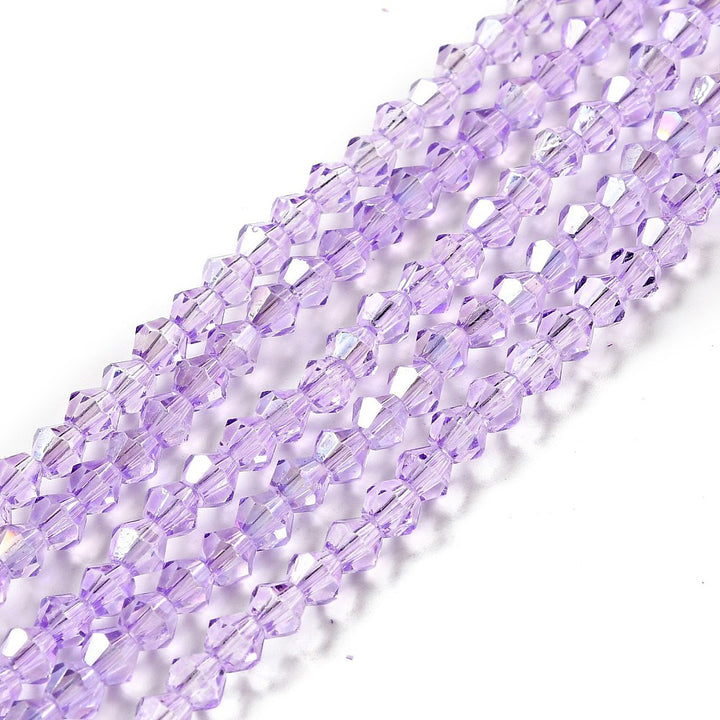AB Color Plated Glass Beads, Faceted, Lilac Color, Bicone, Crystal Beads for Jewelry Making.
Size: 4.5mm Length, 4mm Width, Hole: 1mm; approx. 92pcs/strand, 13" inches long.
Material: Electroplated, AB Color Plated Austrian Crystal Imitation Glass Crystal Beads, Bicone, Lilac Purple Colored Beads. Polished, Shinny Finish. 