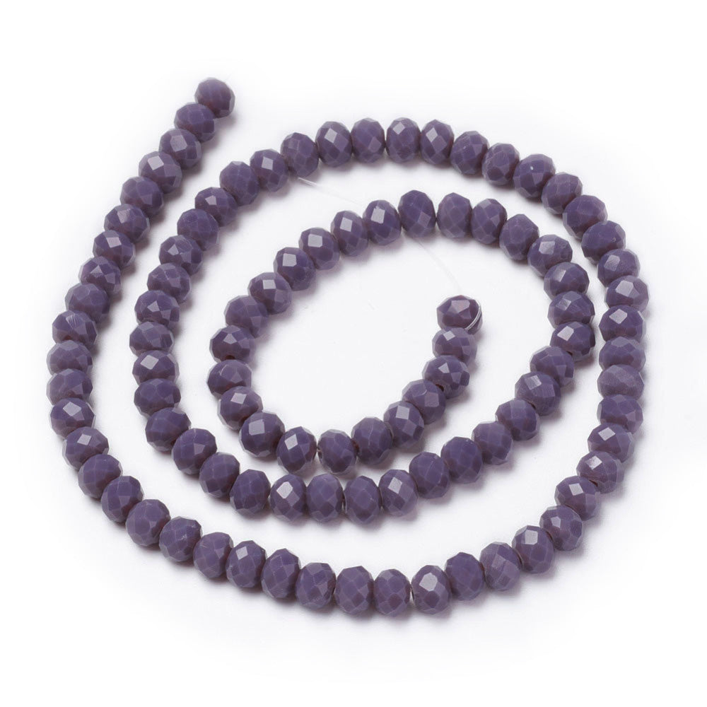 Opaque Glass Beads, Faceted, Solid Dark Purple Color, Rondelle, Glass Crystal Beads for Jewelry Making. 
Size: 4mm Length, 3mm Width, Hole: 1mm; approx. 92pcs/strand, 13.75" inches long.
Material: The Beads are Made from Glass. Crystal Imitation Glass Beads, Rondelle, Opaque Purple Colored Beads. Polished, Shinny Finish.