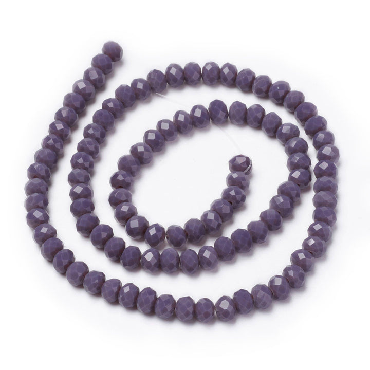 Opaque Glass Beads, Faceted, Solid Dark Purple Color, Rondelle, Glass Crystal Beads for Jewelry Making. 
Size: 4mm Length, 3mm Width, Hole: 1mm; approx. 92pcs/strand, 13.75" inches long.
Material: The Beads are Made from Glass. Crystal Imitation Glass Beads, Rondelle, Opaque Purple Colored Beads. Polished, Shinny Finish.