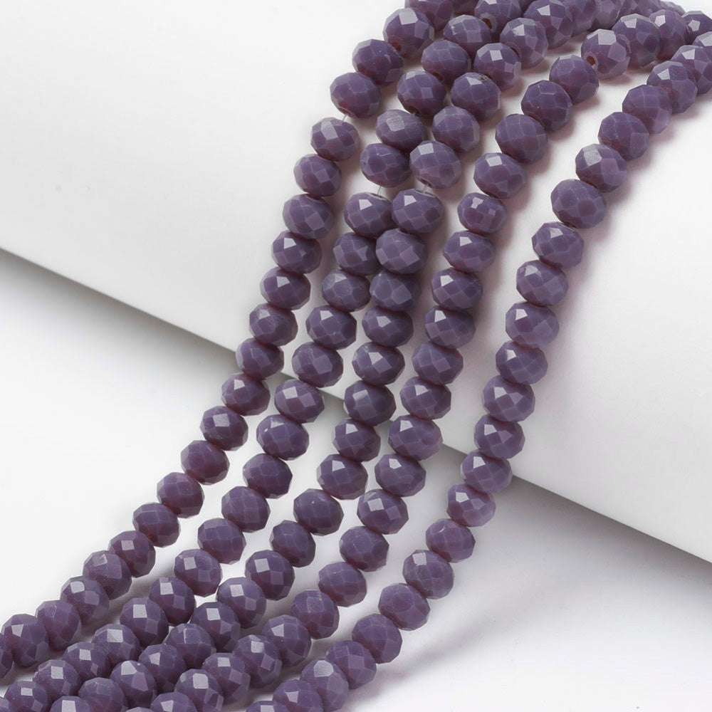 Opaque Glass Beads, Faceted, Solid Dark Purple Color, Rondelle, Glass Crystal Beads for Jewelry Making. 
Size: 4mm Length, 3mm Width, Hole: 1mm; approx. 92pcs/strand, 13.75" inches long.
Material: The Beads are Made from Glass. Crystal Imitation Glass Beads, Rondelle, Opaque Purple Colored Beads. Polished, Shinny Finish. 