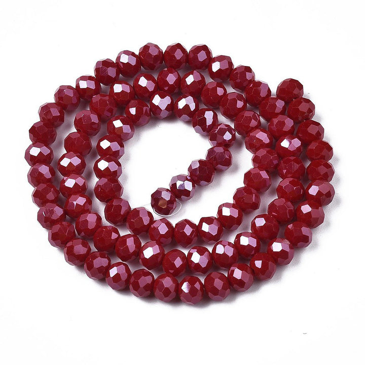 Opaque Glass Beads, Faceted, Pearl Luster Plated Dark Red Color, Rondelle, Glass Crystal Beads for Jewelry Making. 
Size: 4mm Length, 3mm Width, Hole: 1mm; approx. 92pcs/strand, 13.75" inches long.
Material: The Beads are Made from Glass. Electroplated Crystal Imitation Glass Beads, Rondelle, Opaque Red Colored Beads. Polished, Shinny Finish. 