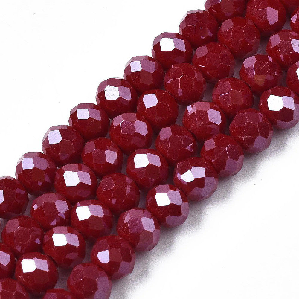 Opaque Glass Beads, Faceted, Pearl Luster Plated Dark Red Color, Rondelle, Glass Crystal Beads for Jewelry Making. 
Size: 4mm Length, 3mm Width, Hole: 1mm; approx. 92pcs/strand, 13.75" inches long.
Material: The Beads are Made from Glass. Electroplated Crystal Imitation Glass Beads, Rondelle, Opaque Red Colored Beads. Polished, Shinny Finish. 