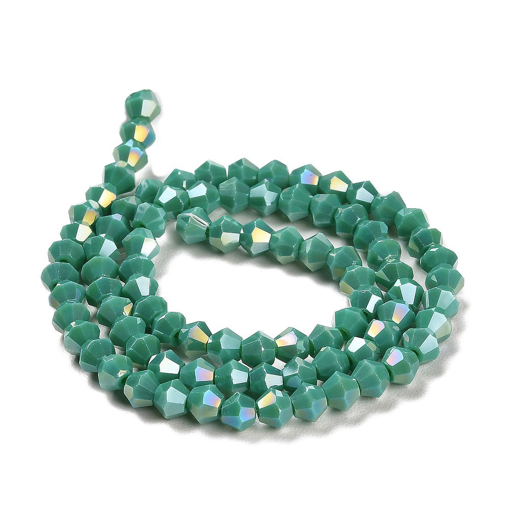 Opaque Glass Beads, Faceted, AB Color Plated Turquoise Color, Bicone, Glass Crystal Beads for Jewelry Making. 
Size: 4mm Length, 4mm Width, Hole: 1mm; approx. 92pcs/strand, 13.75" inches long.
Material: Solid Color Electroplated Crystal Imitation Glass Beads, Rondelle, Opaque Turquoise Colored Beads. Polished, Shinny Finish. 