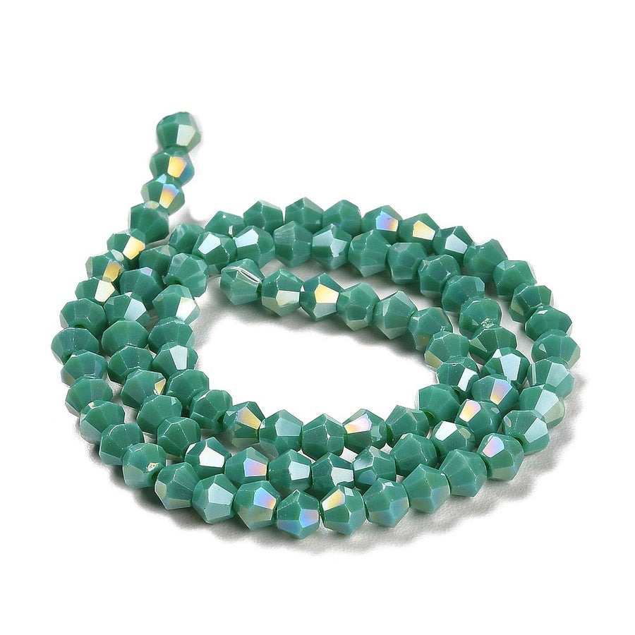 Opaque Glass Beads, Faceted, AB Color Plated Turquoise Color, Bicone, Glass Crystal Beads for Jewelry Making. 
Size: 4mm Length, 4mm Width, Hole: 1mm; approx. 92pcs/strand, 13.75" inches long.
Material: Solid Color Electroplated Crystal Imitation Glass Beads, Rondelle, Opaque Turquoise Colored Beads. Polished, Shinny Finish. 