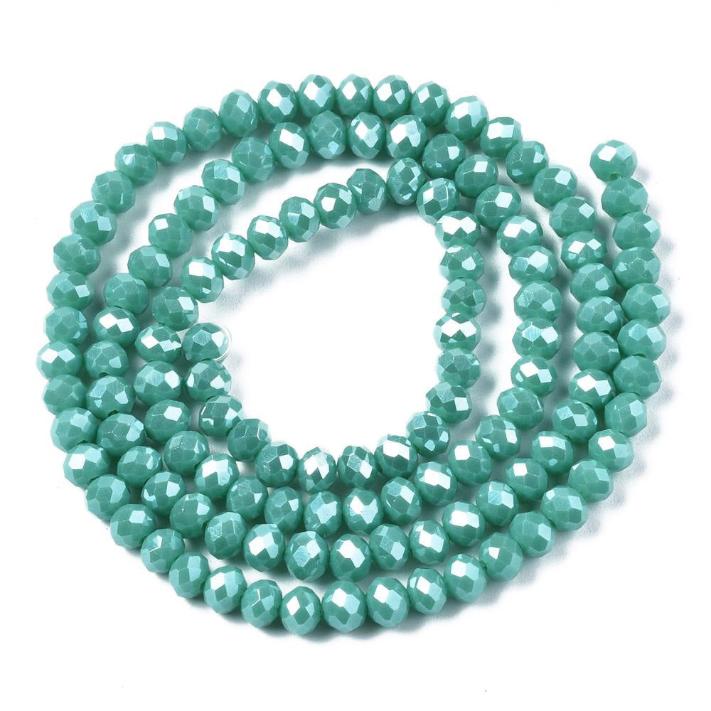 Opaque Glass Beads, Faceted, Pearl Luster Plated Turquoise Color, Bicone, Glass Crystal Beads for Jewelry Making.
Size: 4mm Length, 4mm Width, Hole: 1mm; approx. 92pcs/strand, 13.75" inches long.
Material: The Beads are Made from Glass. Electroplated Crystal Imitation Glass Beads, Bicone, Opaque Turquoise Colored Beads. Polished, Shinny Finish. 