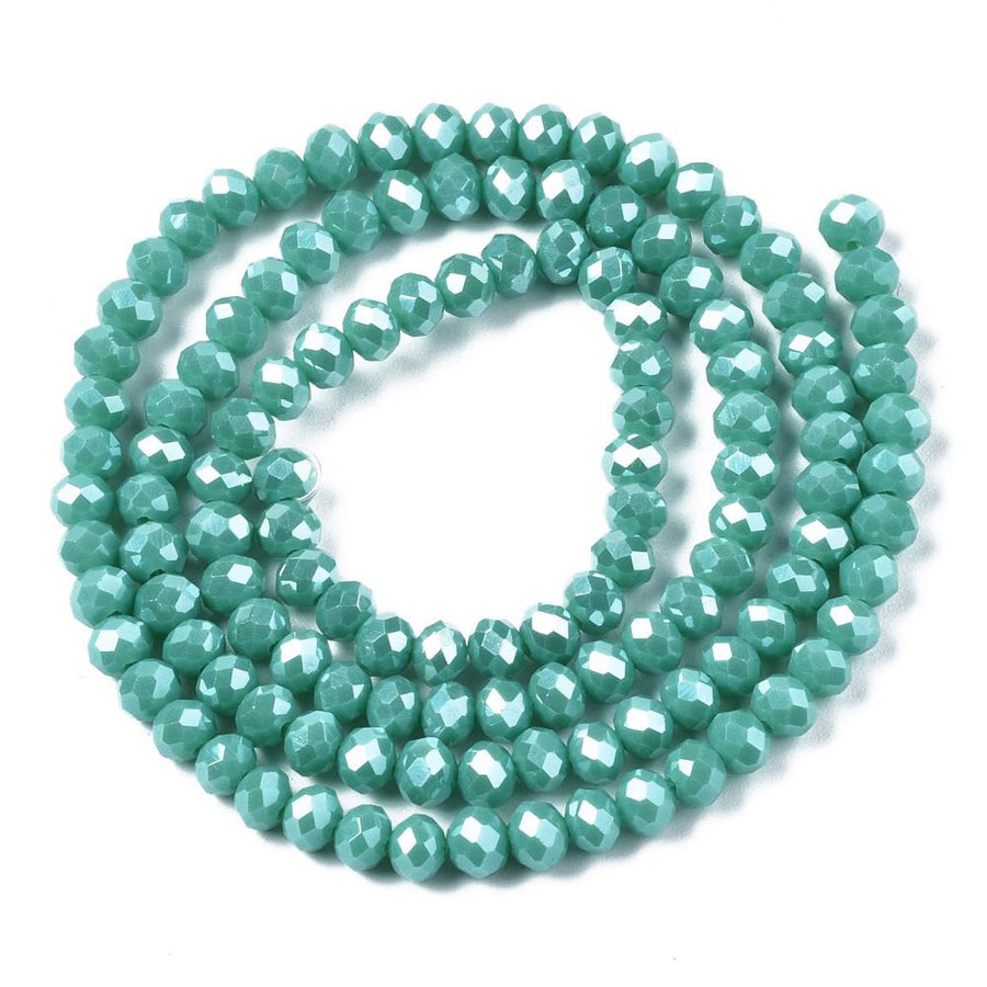 Opaque Glass Beads, Faceted, Pearl Luster Plated Turquoise Color, Bicone, Glass Crystal Beads for Jewelry Making.
Size: 4mm Length, 4mm Width, Hole: 1mm; approx. 92pcs/strand, 13.75" inches long.
Material: The Beads are Made from Glass. Electroplated Crystal Imitation Glass Beads, Bicone, Opaque Turquoise Colored Beads. Polished, Shinny Finish. 