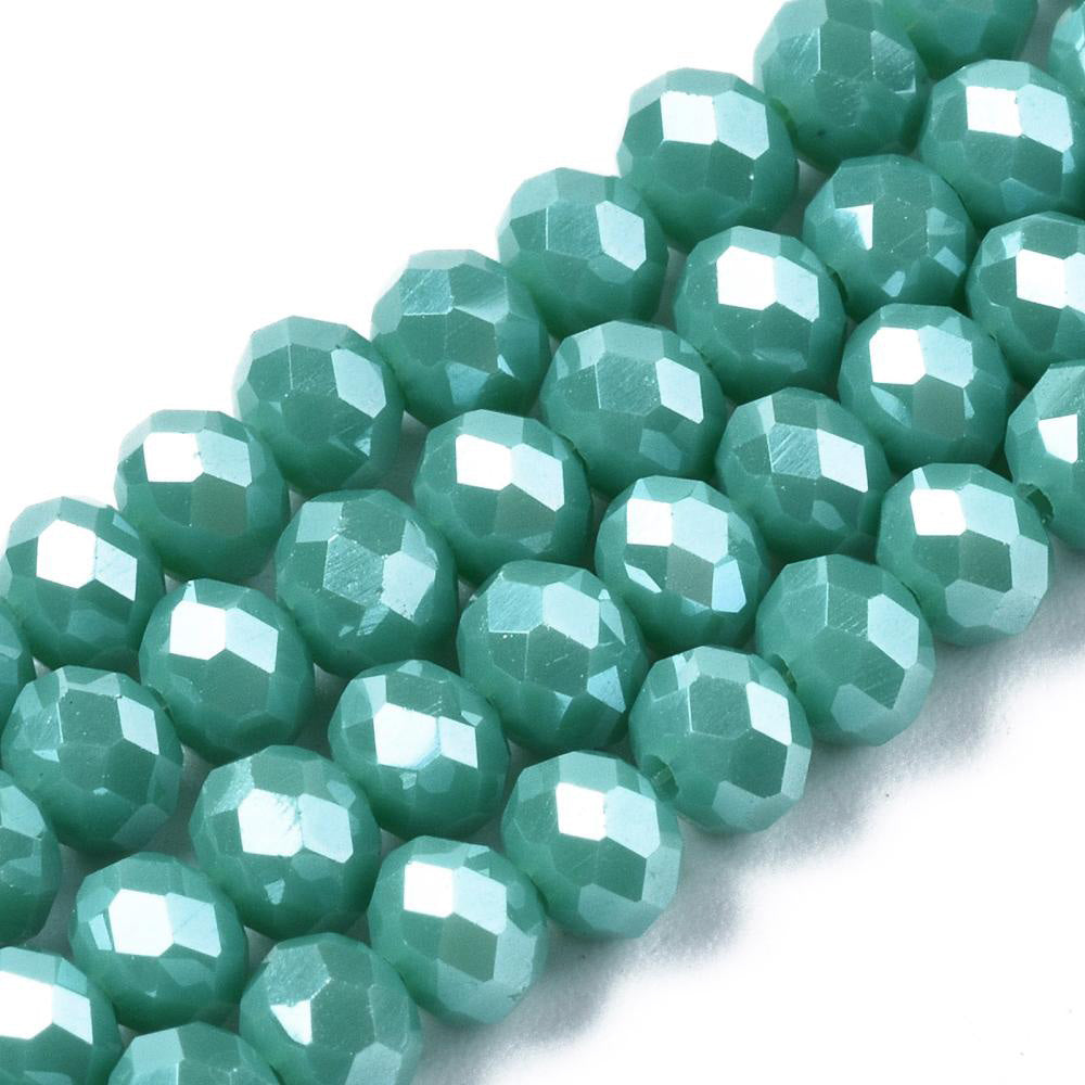 Opaque Glass Beads, Faceted, Pearl Luster Plated Turquoise Color, Bicone, Glass Crystal Beads for Jewelry Making.
Size: 4mm Length, 4mm Width, Hole: 1mm; approx. 92pcs/strand, 13.75" inches long.
Material: The Beads are Made from Glass. Electroplated Crystal Imitation Glass Beads, Bicone, Opaque Turquoise Colored Beads. Polished, Shinny Finish. 