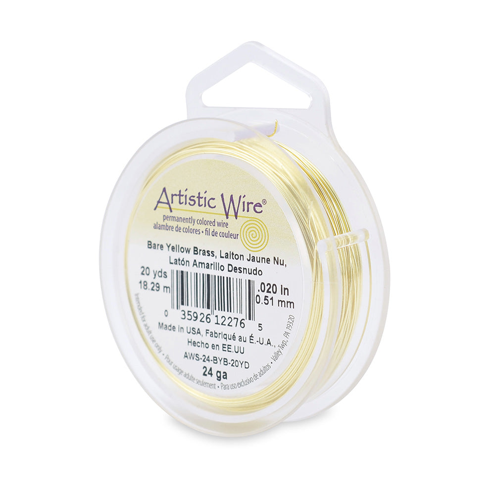 Bare Yellow Brass Craft Wire for DIY Jewelry Making and Wire Wrapping Projects. Size: 24 Gauge (0.51mm) Brass Craft Wire, 20 yd/18.2m Length. Color: Yellow Gold Material: Bare Yellow Brass Wire Brand: Artistic Wire