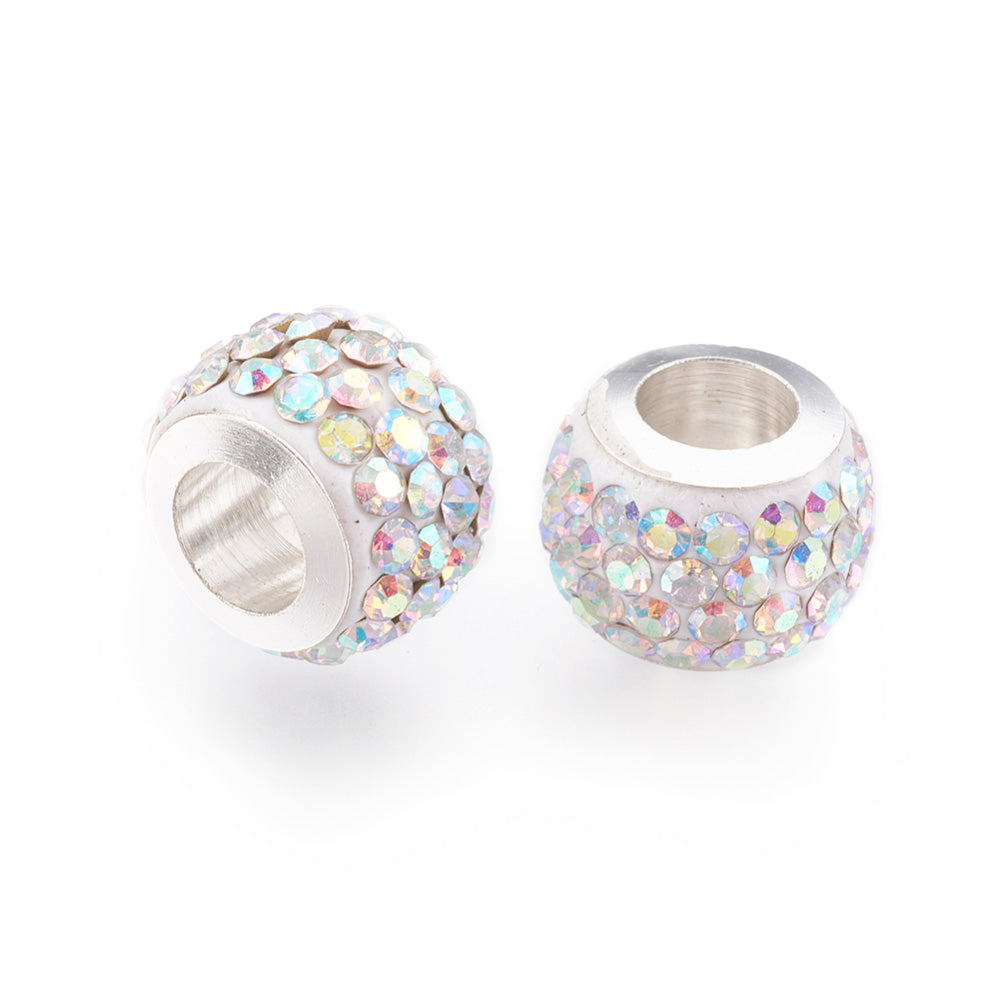 304 Stainless Steel European Large Hole Focal Beads. Rhinestone Spacer Beads, Rondelle, White Color with Rainbow Crystals Colored Large Hole Beads.   Size: 11mm Diameter, 7.5mm Wide, Hole Size: 5mm, approx. 5pcs/bag.  Material: 304 Stainless Steel Polymer Clay Rhinestone Beads, Large Hole Beads, Rondelle, White Color, Rainbow crystals. Shiny, Sparkling Finish. AB Plated Crystal Rhinestones.