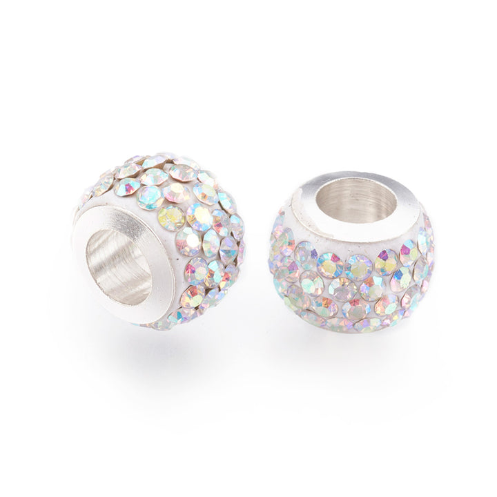 304 Stainless Steel European Large Hole Focal Beads. Rhinestone Spacer Beads, Rondelle, White Color with Rainbow Crystals Colored Large Hole Beads.   Size: 11mm Diameter, 7.5mm Wide, Hole Size: 5mm, approx. 5pcs/bag.  Material: 304 Stainless Steel Polymer Clay Rhinestone Beads, Large Hole Beads, Rondelle, White Color, Rainbow crystals. Shiny, Sparkling Finish. AB Plated Crystal Rhinestones.