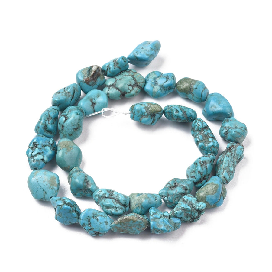 Blue Howlite Nuggets, Chips, Dyed, Turquoise Blue Color Beads. Semi-precious Gemstone Beads for DIY Jewelry Making.    Size: 10-13 Length, 7-11mm Width, Hole: 1mm, approx. 30pcs/strand, 14.5" Inches Long.  Material: Blue Howlite Loose Stone Beads, Turquoise Blue Color, Dyed, Polished Beads. Shinny, Finish.
