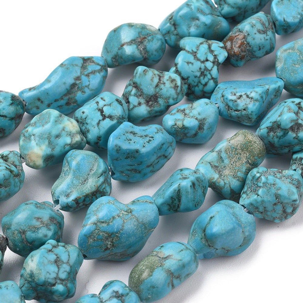 Blue Howlite Nuggets, Chips, Dyed, Turquoise Blue Color Beads. Semi-precious Gemstone Beads for DIY Jewelry Making.    Size: 10-13 Length, 7-11mm Width, Hole: 1mm, approx. 30pcs/strand, 14.5" Inches Long.  Material: Blue Howlite Loose Stone Beads, Turquoise Blue Color, Dyed, Polished Beads. Shinny, Finish.