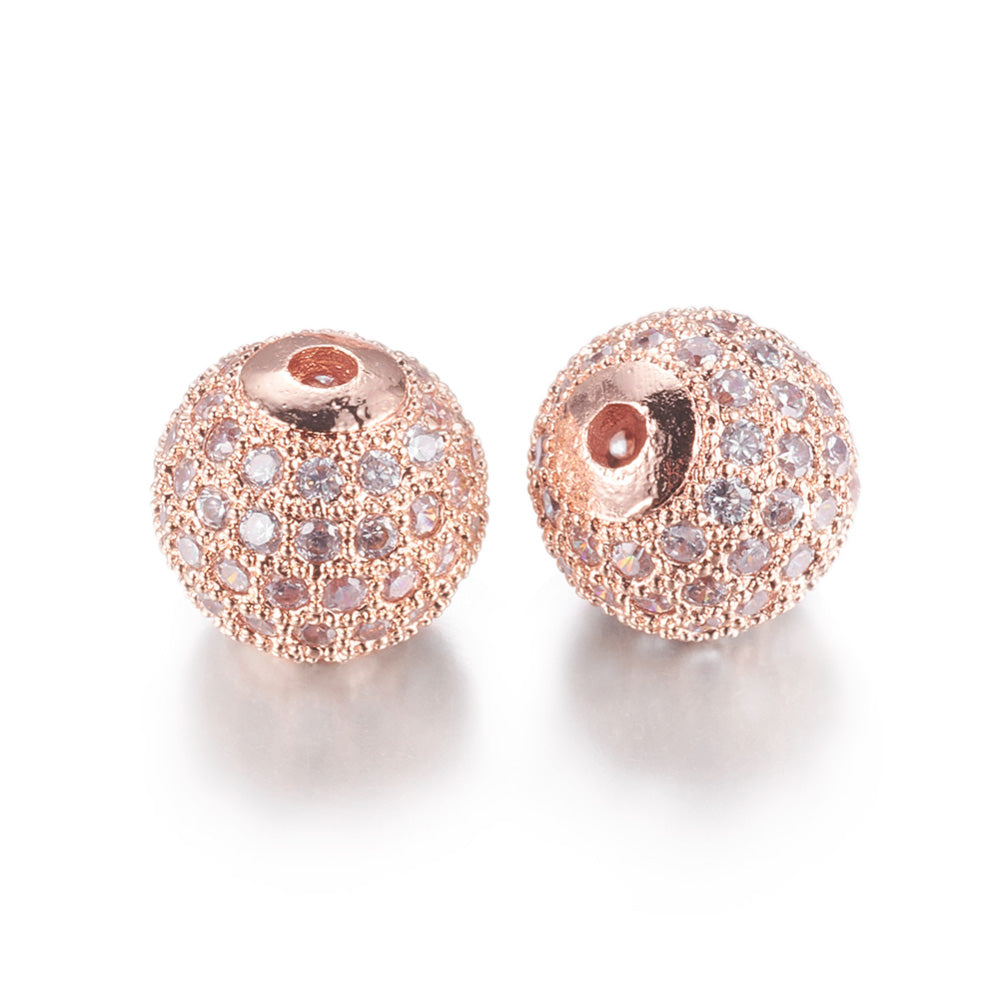 Cubic Zirconia Spacer Beads, Brass Micro Pave, Rose Gold, 10mm, Qty: 1pcs