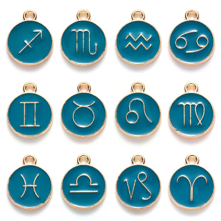 Zodiac Enamel Charms, Light Gold Plated, Cyan Color. Round, Flat Pendants for DIY Jewelry Making. Add a Personal Touch to Your Jewelry Creations.  Size: approx.15mm Long, 12mm Diameter, 2mm Thick. Hole Size: 1.5mm, 12pcs/bag.  Material: Alloy Enamel Pendants. Gold Plated, Zodiac Charms. Black Color, Shinny Finish.