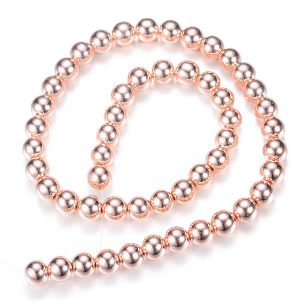 Stunning Rose Gold Hematite Spacer Beads, Electroplated Non-magnetic Synthetic Hematite Bead Strands, Round, Rose Gold Plated. Rose Gold Spacers for Jewelry Making.  Size: 4mm in diameter, hole: 1~1.5mm; approx. 92~95pcs/strand, 15.7 inches.  Material: Non-Magnetic Electroplated Rose Gold Hematite. Polished, Shinny Finish.  Bead Lot. beadlot. beadlotcanada. www.beadlot.com