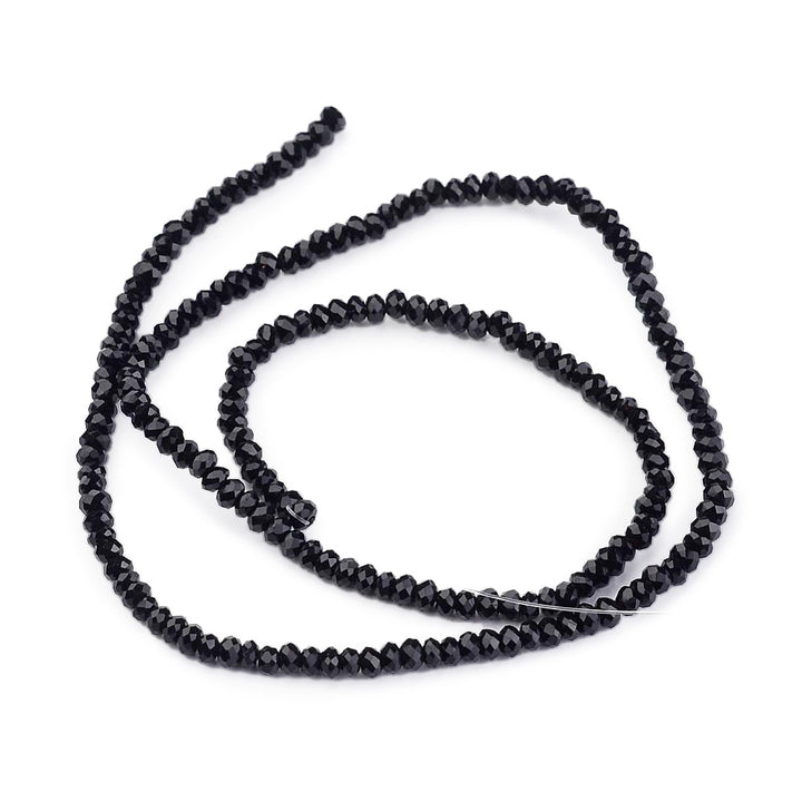 Electroplated Glass Crystal Beads, Faceted, Black Color, Rondelle, Glass Crystal Beads. Shinny Glass Crystal Beads for Jewelry Making.  Size: 2mm Diameter, 1.5mm Thick, Hole: 0.5mm; approx. 165pcs/strand, 12" inches long.  Material: Electroplated Glass Crystal Beads, Rondelle, Black Colored Austrian Crystal Imitation Beads. Polished, Shinny Finish.