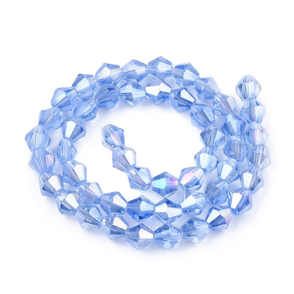 Electroplated Glass Crystal Beads, Faceted, Cornflower Blue Color, Bicone, AB Color plated Crystal Beads for Jewelry Making.  Size: 6mm Length, 6mm Width, Hole: 1mm; approx. 47-49pcs/strand, 10" inches long.  Material: The Beads are Made from Glass. Austrian Crystal Imitation Electroplated Glass Crystal Beads, Bicone, Cornflower Blue Colored Beads. Polished, Shinny Finish.