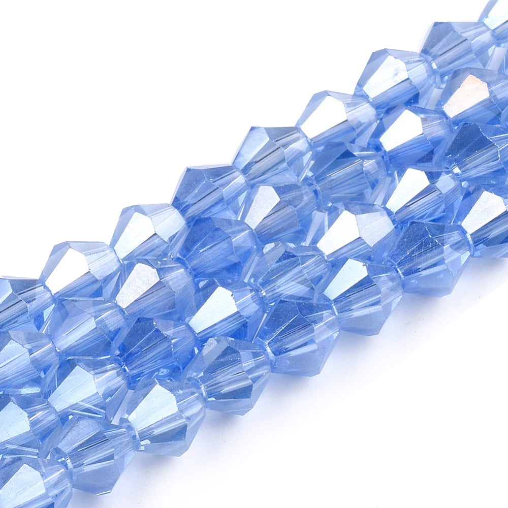 Electroplated Glass Crystal Beads, Faceted, Cornflower Blue Color, Bicone, AB Color plated Crystal Beads for Jewelry Making.  Size: 6mm Length, 6mm Width, Hole: 1mm; approx. 47-49pcs/strand, 10" inches long.  Material: The Beads are Made from Glass. Austrian Crystal Imitation Electroplated Glass Crystal Beads, Bicone, Cornflower Blue Colored Beads. Polished, Shinny Finish.