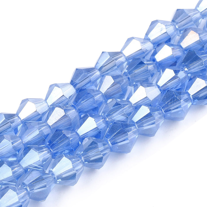 Electroplated Glass Crystal Beads, Faceted, Cornflower Blue Color, Bicone, AB Color plated Crystal Beads for Jewelry Making.  Size: 6mm Length, 6mm Width, Hole: 1mm; approx. 47-49pcs/strand, 10" inches long.  Material: The Beads are Made from Glass. Austrian Crystal Imitation Electroplated Glass Crystal Beads, Bicone, Cornflower Blue Colored Beads. Polished, Shinny Finish.