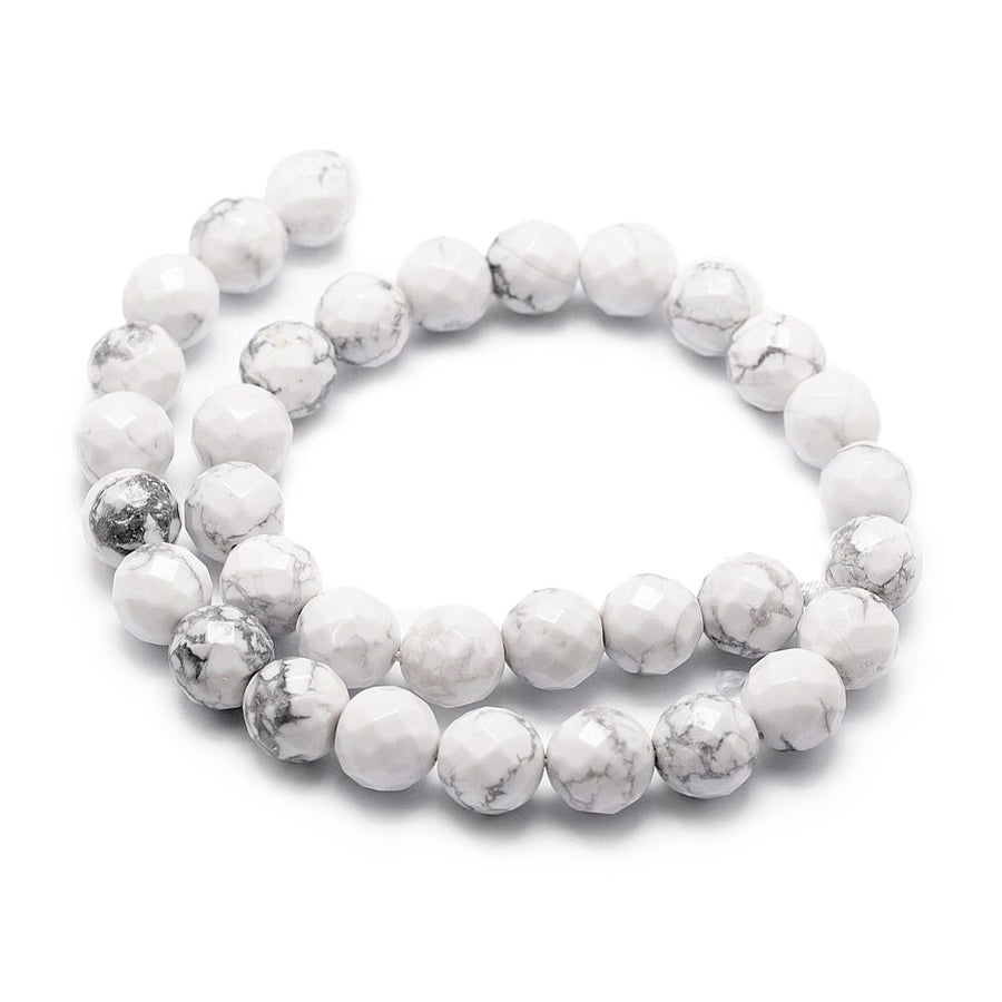 Natural Faceted, Round White Howlite Beads. Semi-precious Stone Beads for DIY Jewelry Making.   Size: 10mm Diameter, Hole: 1mm, approx. 35-37pcs/strand, 14.5" Inches Long.  Material: Genuine White Howlite Faceted Stone Beads. White Color. Polished Finish.