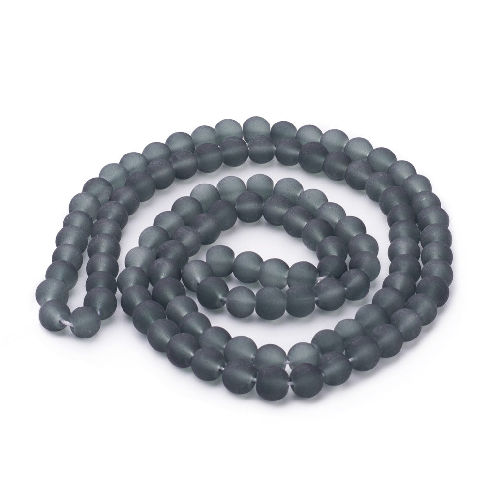 Frosted Glass Beads, Round, Dark Grey Color. Matte Glass Bead Strands for DIY Jewelry Making. Affordable, Colorful Frosted Beads. Great for Stretch Bracelets.  Size: 6mm Diameter Hole: 1mm; approx. 135pcs/strand, 31" Inches Long  Material: The Beads are Made from Glass. Frosted Glass Beads, Grey Colored Beads. Unpolished, Matte Finish.