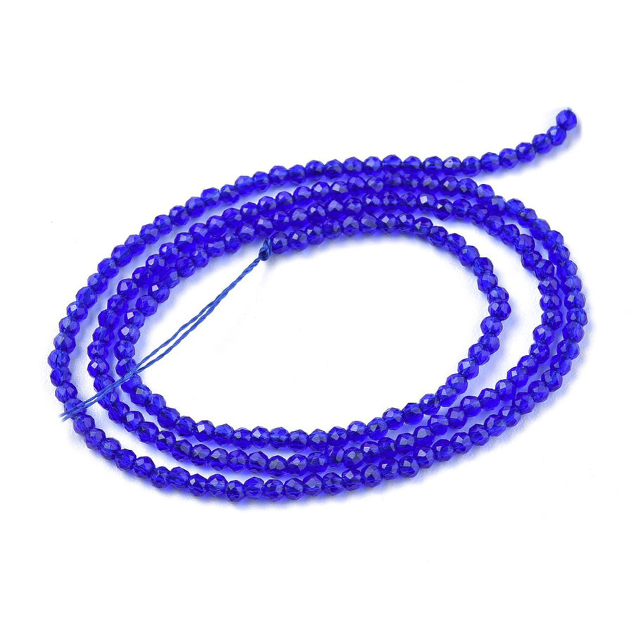 Faceted Round Glass Beads, Royal Blue Color Glass Beads for Jewelry Making.  Size: 2mm Diameter, Hole: 0.5mm; approx. 175pcs/strand, 14" inches long.  Material: Faceted Glass Beads; Round, Blue Color Quartz Imitation Beads. Shinny Finish.
