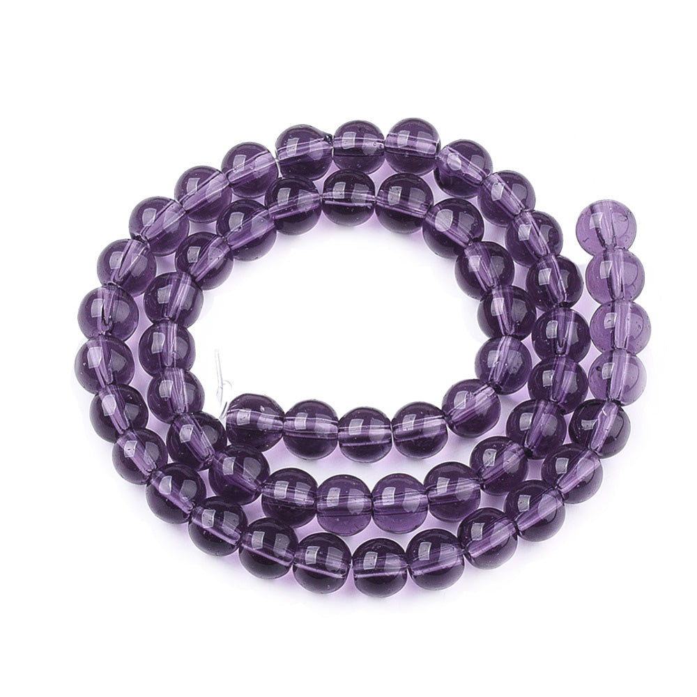 Lovely Glass Beads, Round, Dark Purple Color. Glass Bead Strands for DIY Jewelry Making. Affordable, Colorful Glass Beads. Great for Stretch Bracelets.  Size: 6mm Diameter Hole: 1mm; approx. 48pcs/strand, 11" Inches Long.  Material: The Beads are Made from Glass. Purple Colored Beads. Polished, Shinny Finish.