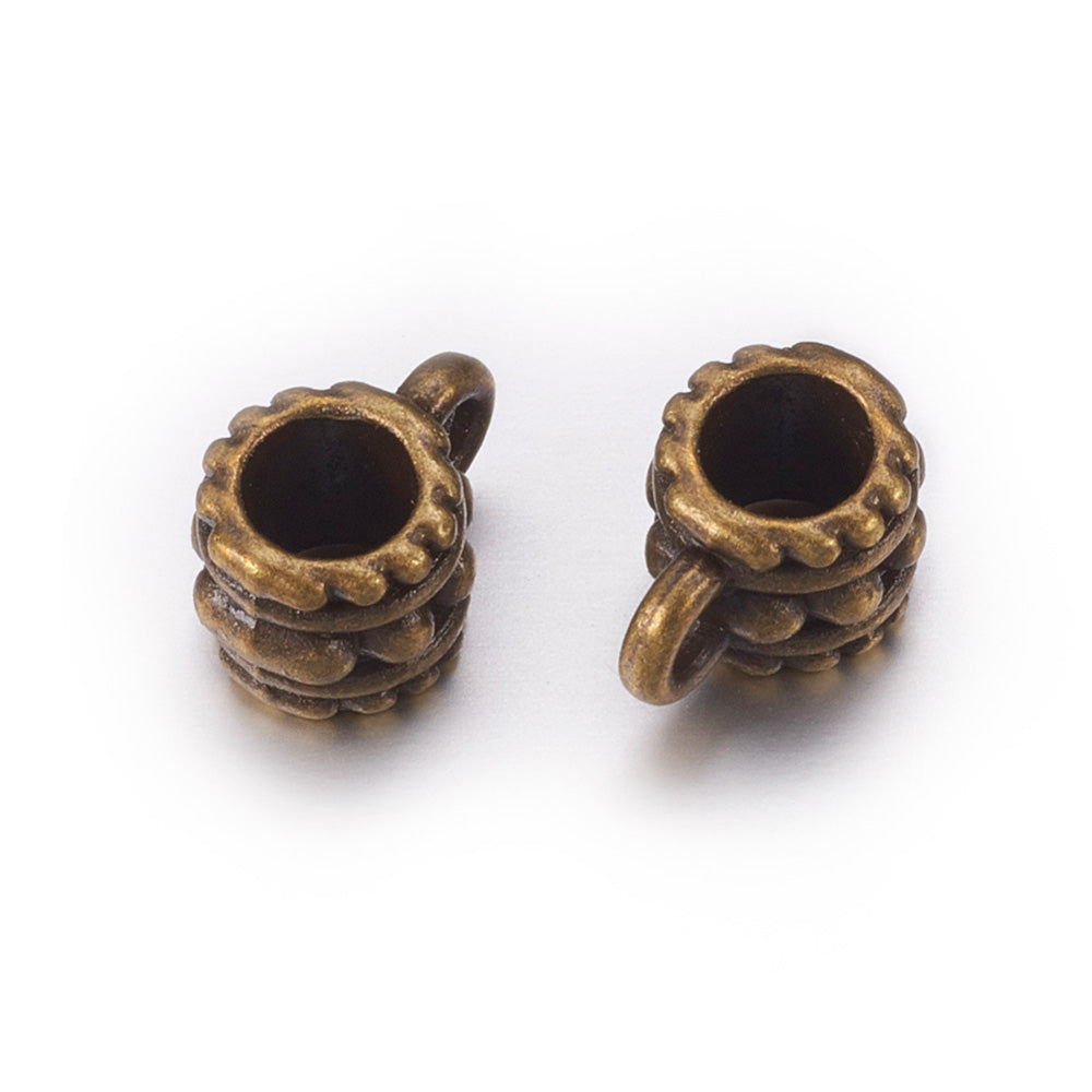 Antique Bronze Hanger Links, Column Shaped Bail Tube Beads for Jewelry Making.  Size: approx. 7mm Diameter, 6.5mm Length, Hole: 2mm, Quantity: 10pcs/bag.  Material: Alloy (Lead and Nickel Free) Connectors, Bail Beads. Antique Bronze Color.