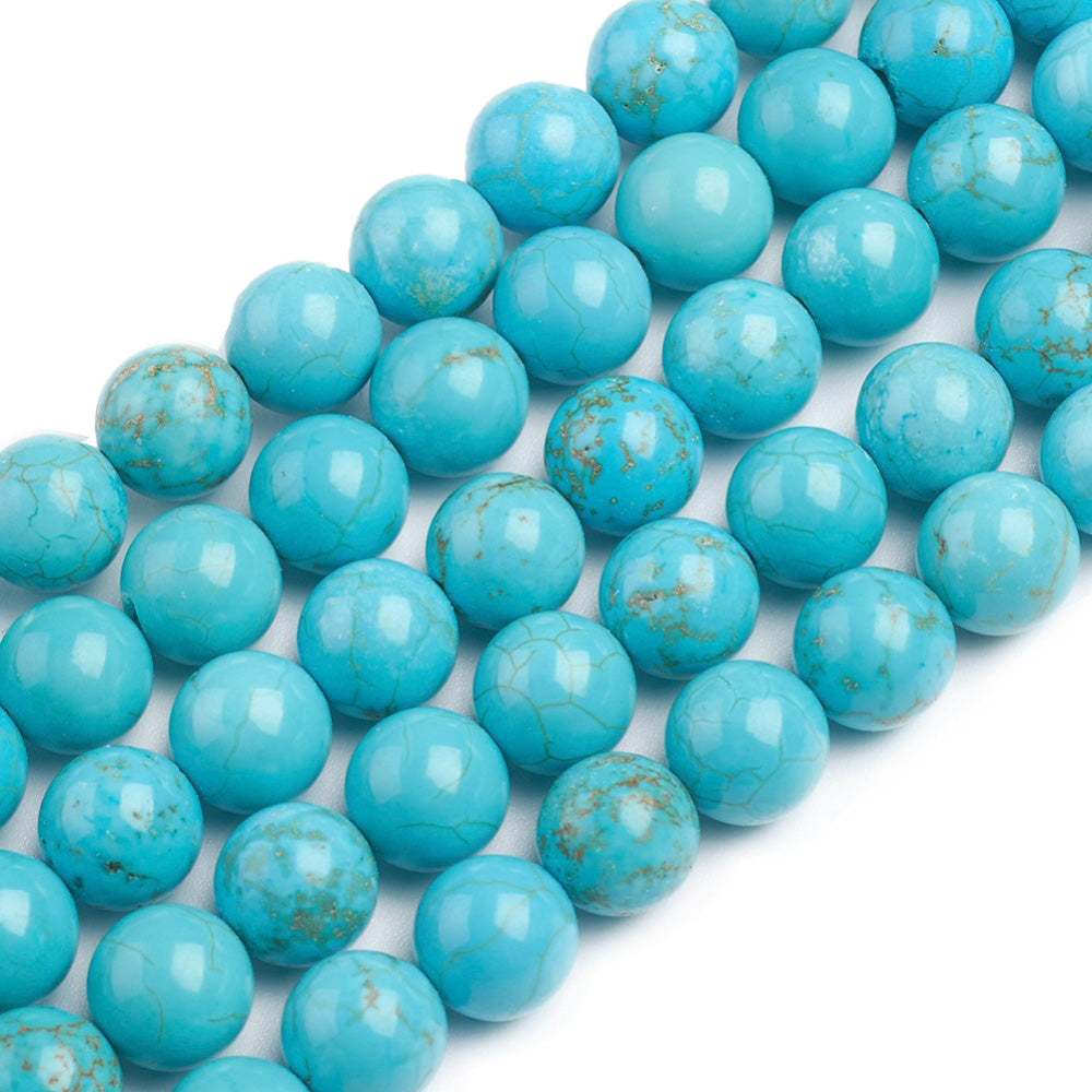 Blue Howlite Beads, Round, Dyed, Turquoise Blue Color. Semi-precious Gemstone Beads for DIY Jewelry Making.  High Quality Beads for Making Mala Bracelets and Necklaces.  Size: 8-8.5mm Diameter, Hole: 1mm, approx. 46pcs/strand, 15" Inches Long.  Material: Howlite Loose Stone Beads, Blue Color, Dyed, Polished Beads. Shinny, Finish.