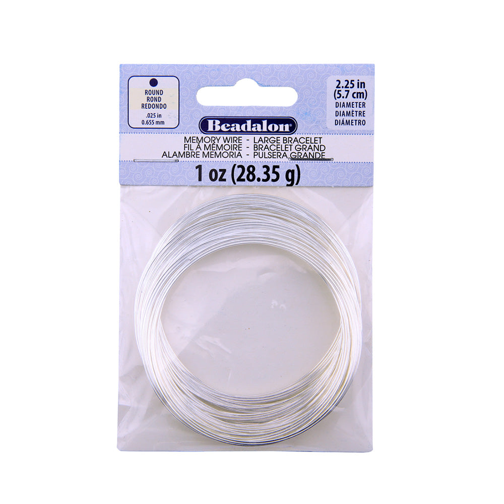 Beadalon Memory Wire, Large Round Bracelet, Silver Color Memory Wire for DIY Jewelry Making. Size: 2.25 in Diameter (5.7cm) Memory Wire QTY: 1 OZ. approx. 65 coils per/pack. Color: Silver Shape: Round Material: Memory Wire, Silver Plated Color. Brand: Beadalon