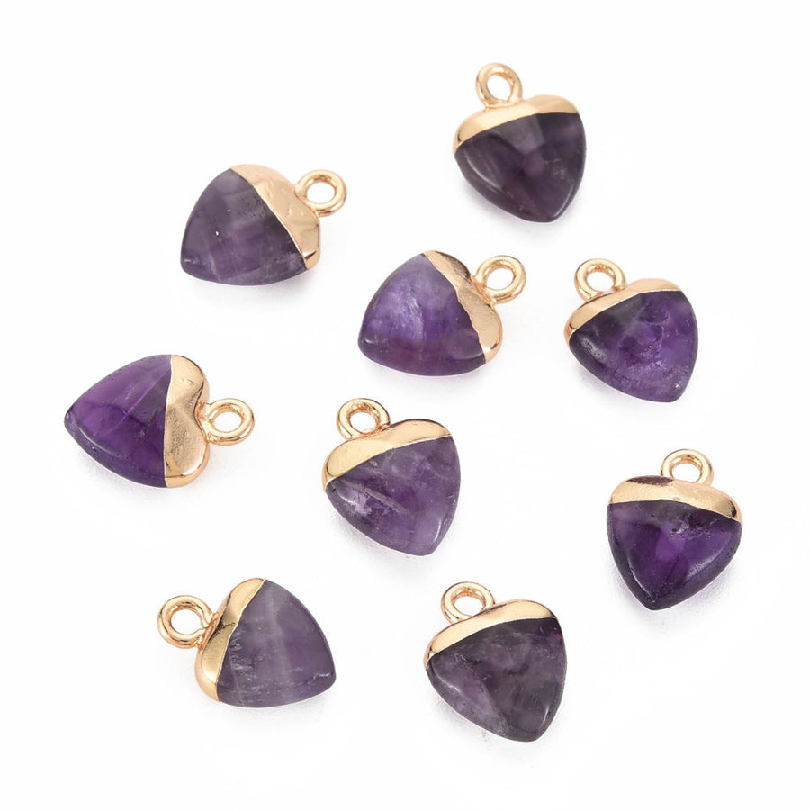 Natural Amethyst Heart Shaped Charms, Purple Color with Golden Plated Findings. Semi-precious Gemstone Pendant for DIY Jewelry Making.  Size: 13-13.5mm Length, 10-10.5mm Wide, 5mm Thick, Hole: 1.5mm, 1pcs/package.   Material: Genuine Natural Amethyst Charms, Gold Plated Iron Findings. Heart Shaped Stone Pendants. Polished Finish.