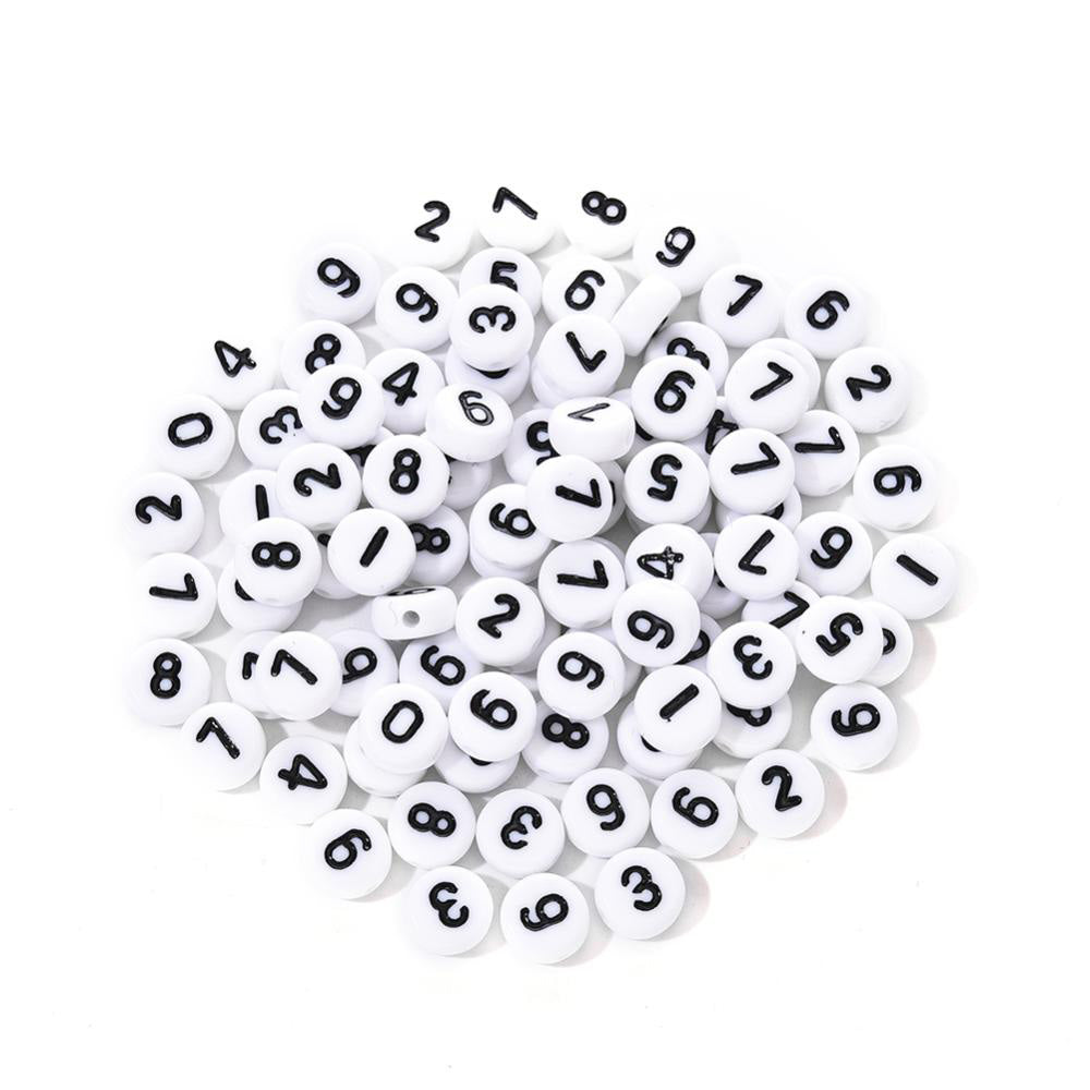 Acrylic Number Beads, White Beads with Black Numbers, 7mm, 100pcs/pack