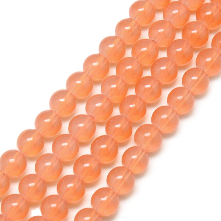Coral Orange Opalite Imitation Glass Beads, Round Glass Beads for DIY Jewelry Making.   Size: 8-8.5mm Diameter Hole: 1mm; approx. 100pcs/strand, 31" Inches Long.  Material: The Beads are Made from Glass. Orange Colored Beads. Polished, Shinny Finish.