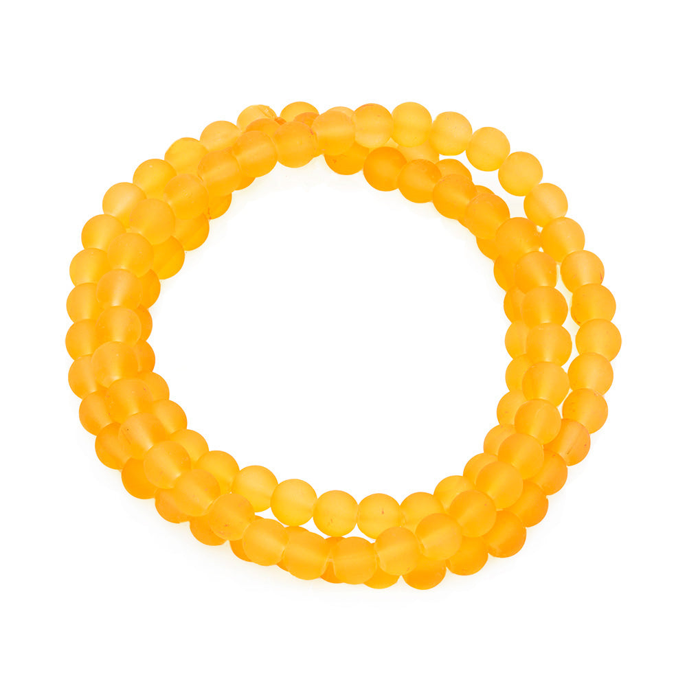 Frosted Glass Beads, Round, Gold/Orange/Yellow Color. Matte Glass Bead Strands for DIY Jewelry Making. Affordable, Colorful Frosted Beads. Great for Stretch Bracelets. Size: 6mm Diameter Hole: 1mm; approx. 135pcs/strand, 31" Inches Long. Material: The Beads are Made from Glass. Frosted Glass Beads, Golden Yellow Colored Beads. Unpolished, Matte Finish.