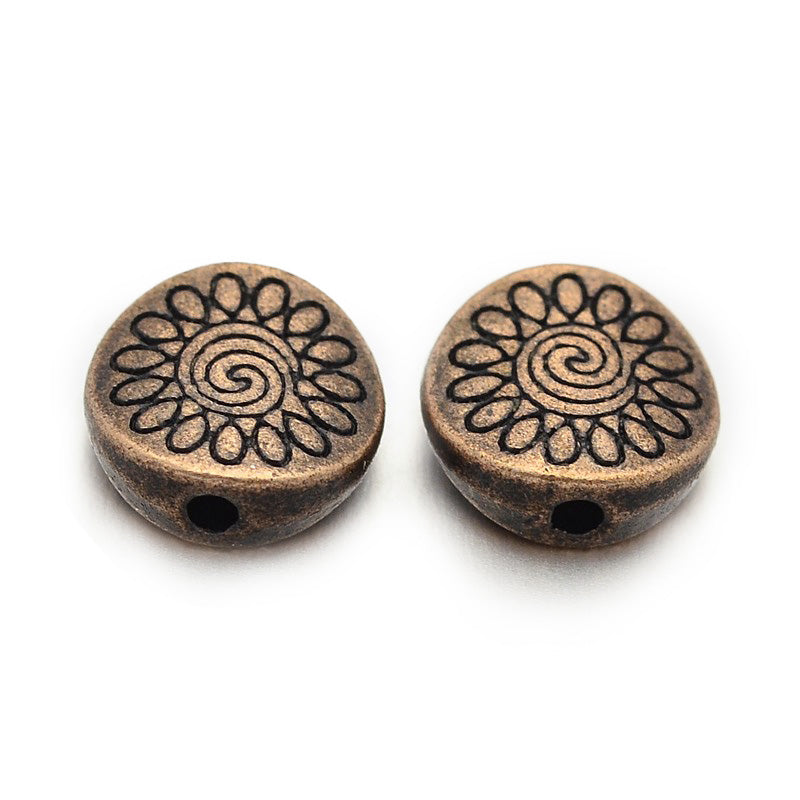Flat Round Spacer Beads with design, Red Copper Colored Beads for Jewelry Making.  Size: 8.5mm Diameter, 3.5mm Thick, Hole: 1.5mm, Quantity: 10pcs/bag.  Material: Alloy (Lead & Nickel Free) Beads. Red Copper Color.