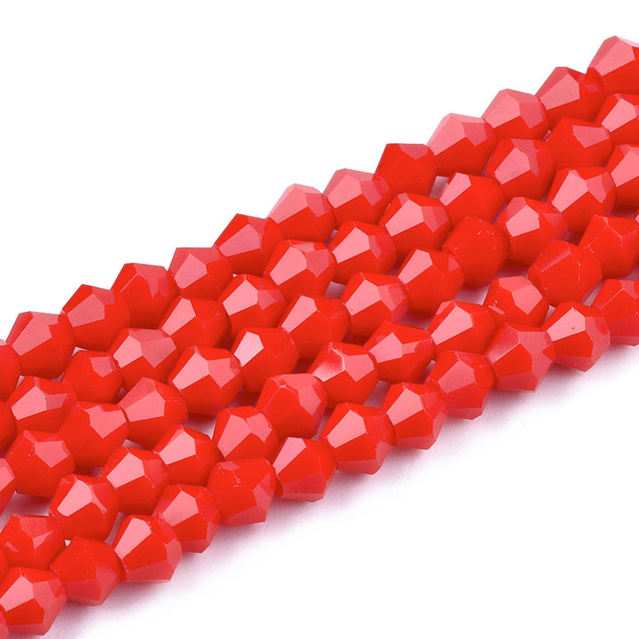 Opaque Glass Beads, Faceted, Red Color, Bicone, Crystal Beads for Jewelry Making.  Size: 4mm Length, 4mm Width, Hole: 1mm; approx. 92pcs/strand, 13.75" inches long.  Material: The Beads are Made from Glass. Austrian Crystal Imitation Glass Crystal Beads, Bicone, Bright Red Colored Beads. Polished, Shinny Finish.
