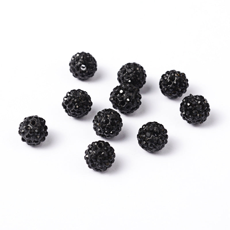 Pave Rhinestone Studded Spacer Beads, Jet Black Color Beads with Black Color Rhinestones. Spacers for DIY Jewelry Making. Lovely Focal Beads.  Size: 9.5-10mm Diameter, Hole: 1.5mm, Quantity: 10pcs/package.  Material: Grade "AB" Rhinestone Studded Polymer Clay Pave Crystal Ball Beads. 6 Rows of Rhinestones. Black Base with Jet Black Colored Rhinestones. Shinny Sparkling Crystal Disco Balls.