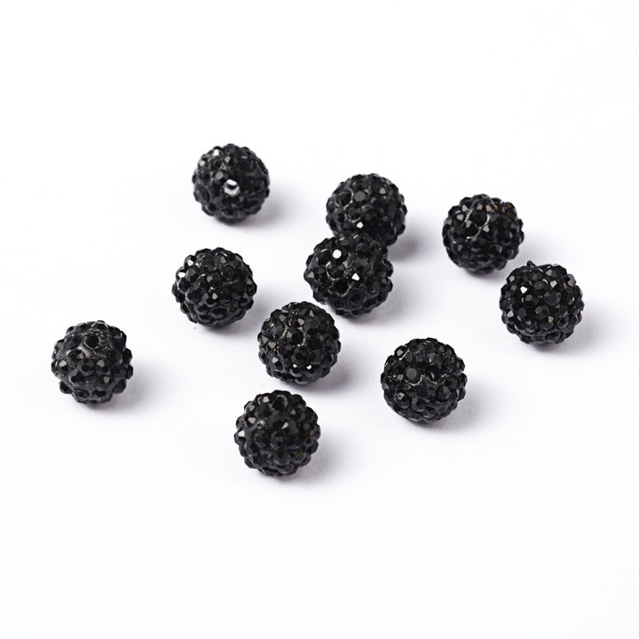 Pave Rhinestone Studded Spacer Beads, Jet Black Color Beads with Black Color Rhinestones. Spacers for DIY Jewelry Making. Lovely Focal Beads.  Size: 9.5-10mm Diameter, Hole: 1.5mm, Quantity: 10pcs/package.  Material: Grade "AB" Rhinestone Studded Polymer Clay Pave Crystal Ball Beads. 6 Rows of Rhinestones. Black Base with Jet Black Colored Rhinestones. Shinny Sparkling Crystal Disco Balls.
