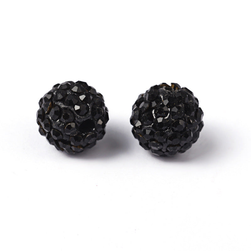 Pave Rhinestone Studded Spacer Beads, Jet Black Color Beads with Black Color Rhinestones. Spacers for DIY Jewelry Making. Lovely Focal Beads.  Size: 9.5-10mm Diameter, Hole: 1.5mm, Quantity: 10pcs/package.  Material: Grade "AB" Rhinestone Studded Polymer Clay Pave Crystal Ball Beads. 6 Rows of Rhinestones. Black Base with Jet Black Colored Rhinestones. Shinny Sparkling Crystal Disco Balls.