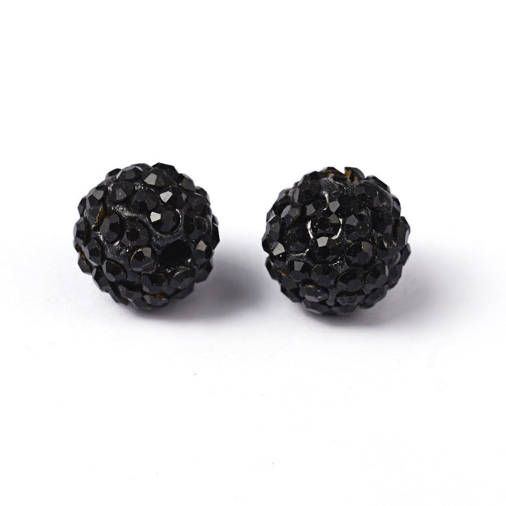 Pave Rhinestone Studded Spacer Beads, Jet Black Color Beads with Black Color Rhinestones. Spacers for DIY Jewelry Making. Lovely Focal Beads.  Size: 9.5-10mm Diameter, Hole: 1.5mm, Quantity: 10pcs/package.  Material: Grade "AB" Rhinestone Studded Polymer Clay Pave Crystal Ball Beads. 6 Rows of Rhinestones. Black Base with Jet Black Colored Rhinestones. Shinny Sparkling Crystal Disco Balls.