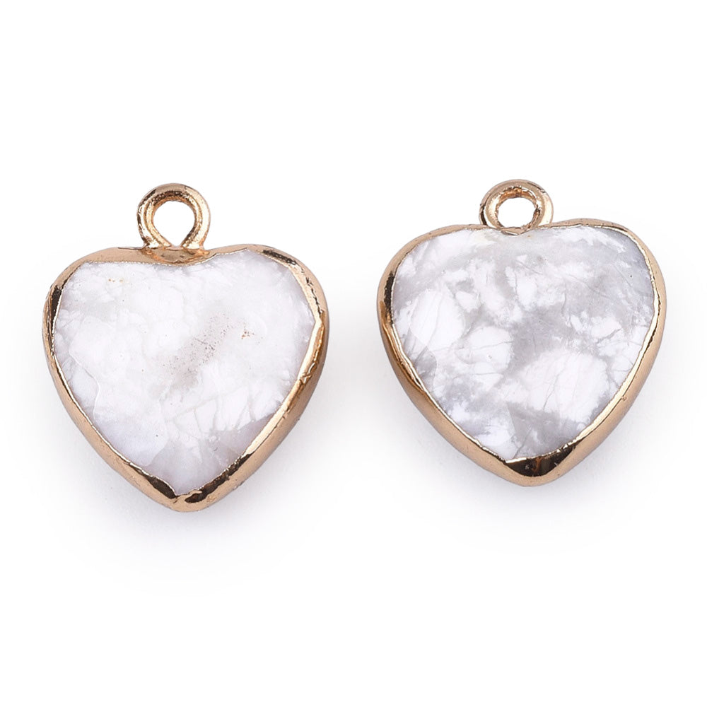 Faceted White Howlite Heart Charms, White Color with Gold Plated Findings. Semi-precious Gemstone Pendant for DIY Jewelry Making.  Size: 16-17mm Length, 14-15mm Wide, 6-7mm Thick, Hole: 1.8mm, 1pcs/package.   Material: Genuine Natural Howlite Stone Pendant, Gold Toned Findings. Heart Shaped Stone Pendants. Polished Finish.