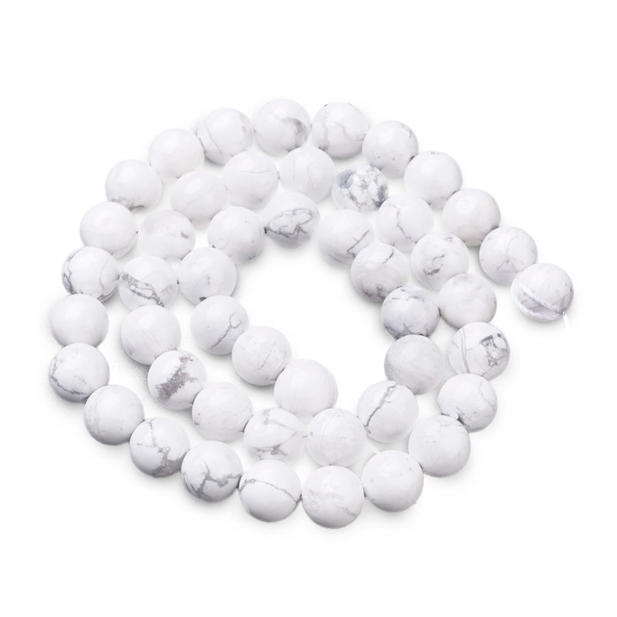 Natural White Howlite Beads Strands, Round. Semi-precious Gemstone Howlite Beads for DIY Jewelry Making.   Size: 8mm Diameter, Hole: 1mm, approx. 48pcs/strand, 15" Inches Long.  Material: Genuine Natural White Howlite Polished Loose Stone Beads. White Color. Polished Finish.