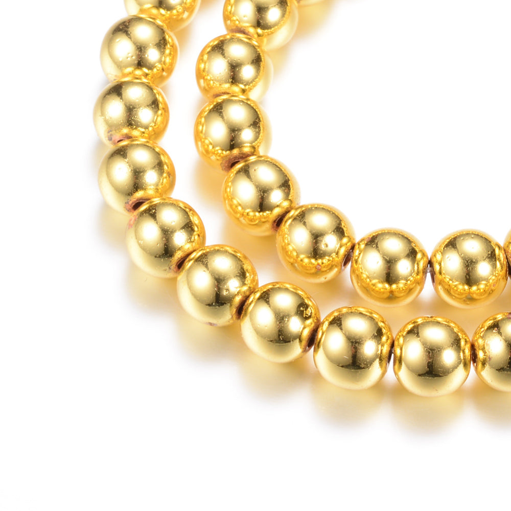 Electroplated Non-Magnetic Hematite Beads, Metallic Gold Color. Semi-Precious Stone Beads for Jewelry Making. Affordable High Quality Spacer Beads for Mala Bracelets.  Size: 4mm Diameter, Hole: 1mm, approx. 92pcs/strand, 15.5" Inches Long. bead lot, beadlot, beadlotcanada. www.beadlot.com