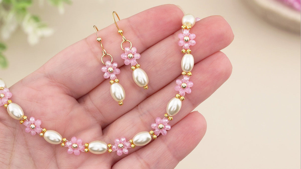 Pretty Pink Crystal Daisy Flower Bracelet and Earrings Jewelry Set with Rice Shaped Pearl Beads | Easy DIY Beading Tutorial for Beginners! 