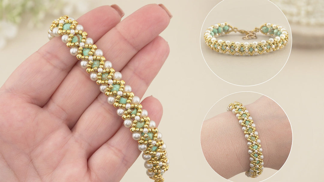 Easy Beaded Jewelry making Handmade pearl bracelet beading tutorial using Turquoise gemstones and seed beads with thread